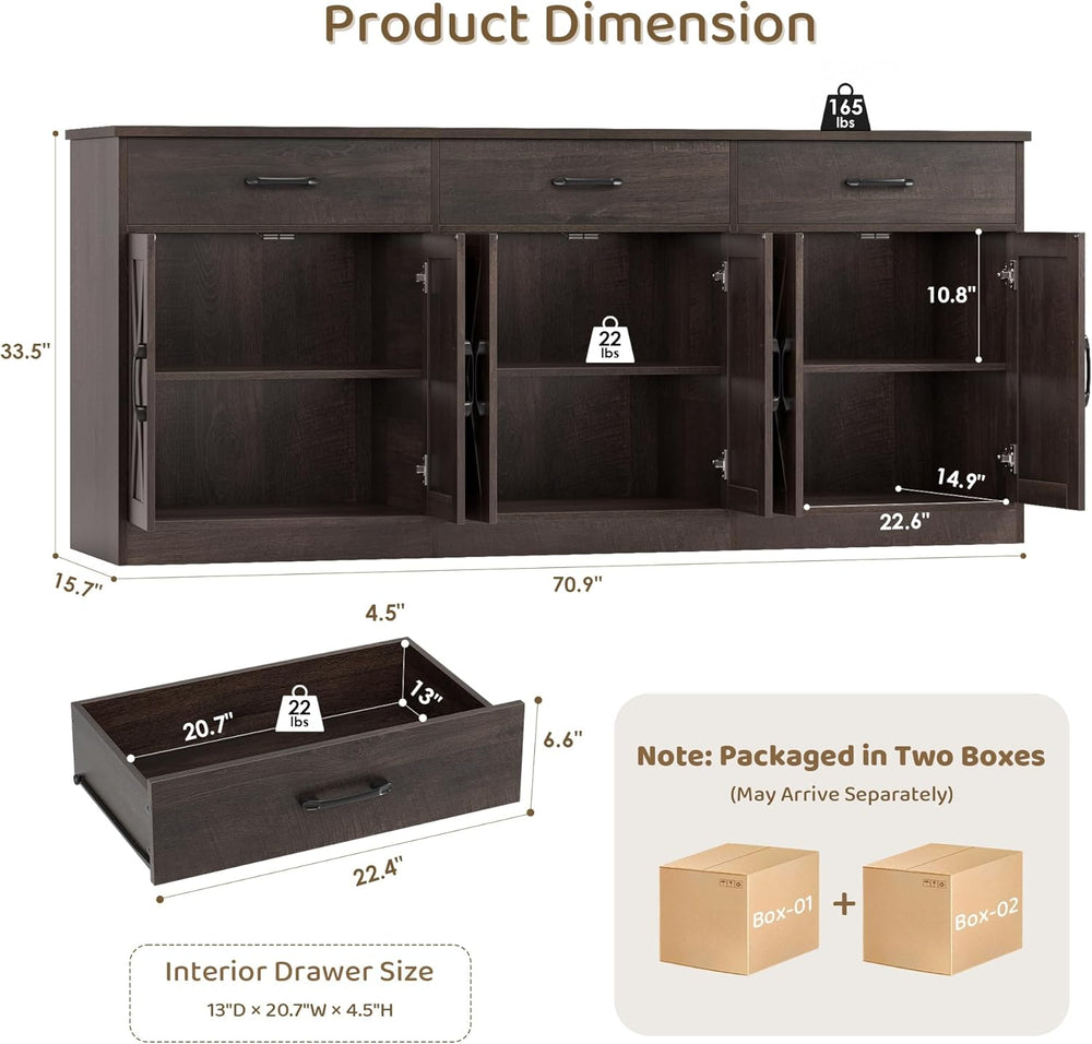 HOSTACK 71"W Farmhouse Kitchen Sideboard Buffet Cabinet with Storage, Brown