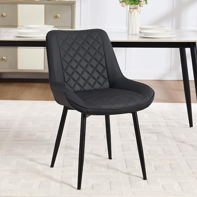 Dining Chair, Modern Dining Chairs with Thick Cushions, Faux Leather Upholstered Kitchen Dining Room Chairs with Metal Adjustable Legs for Dining Living Room, Black