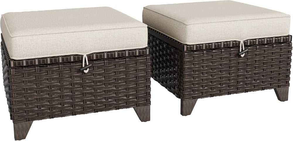 2 Pieces Patio All-Weather Wicker Ottomans with Cushions, PE Rattan Outdoor C...