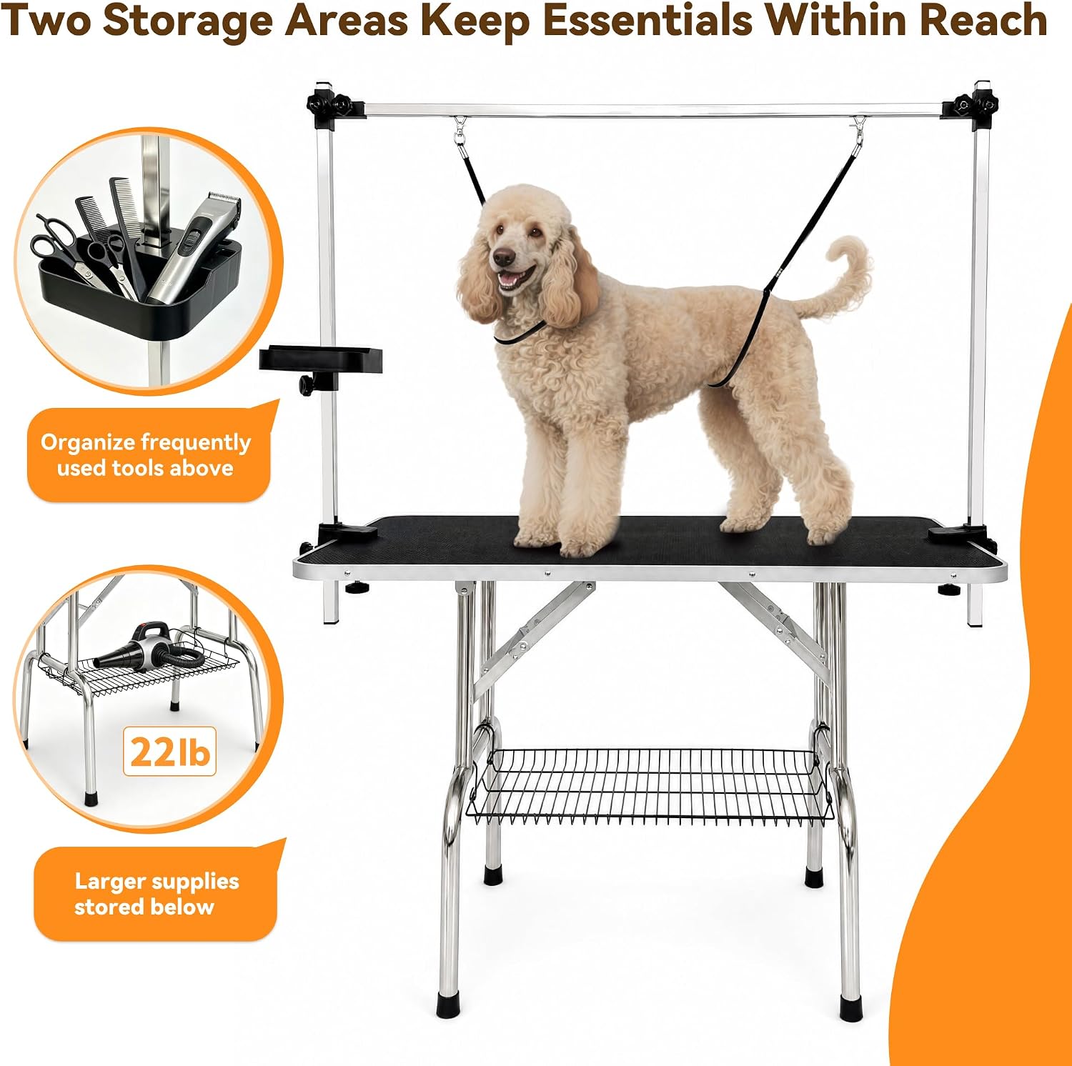 46" Foldable Dog Grooming Table with Adjustable H-Frame Arm & 2 Nooses, Heavy-Duty Stainless Steel Frame, Non-Slip Top, Tool Caddy and Mesh Tray, Black