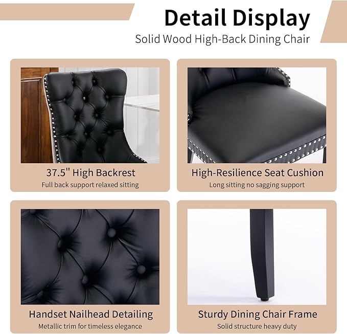 Modern Dining Chairs Set of 6, Tufted Upholstered Dining Chair with Solid Wood Legs, Velvet and Leather Dining Chairs, Sillas de Comedor, Comfy Kitchen Chair (Black+Gray, 6Pcs)