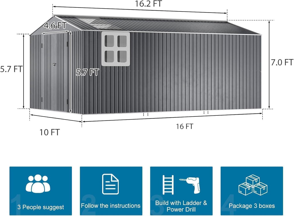 Restland 10x16 FT Outdoor Storage Shed with Floor Base Frame Reinforced Metal Shed with Clear Roof, Air Vent & Lockable Door Large Garden Tool Storage Sheds for Backyard, Garden, Lawn