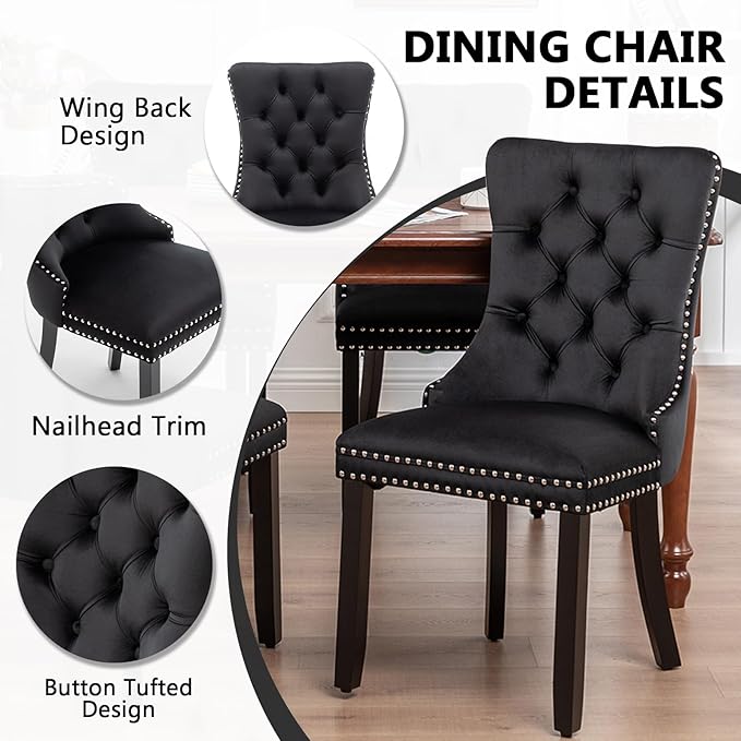 Kiztir Velvet Dining Chairs Set of 6, Upholstered Dining Room Chairs with Ring Pull Trim and Button Back, Luxury Tufted Dining Chairs for Living Room, Bedroom, Kitchen (Black)