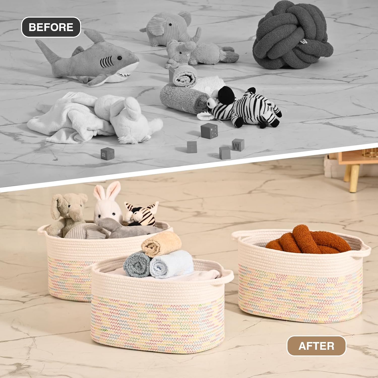 DUHEL Cotton Rope Woven Storage Basket, Used for Baby Hamper Toy Organizer, Gift Baskets Empty,Kids Laundry Basket,Baby Blanket Basket. Size 15x10x8.7 Inches. (White&Colored Stitching-3Pcs)