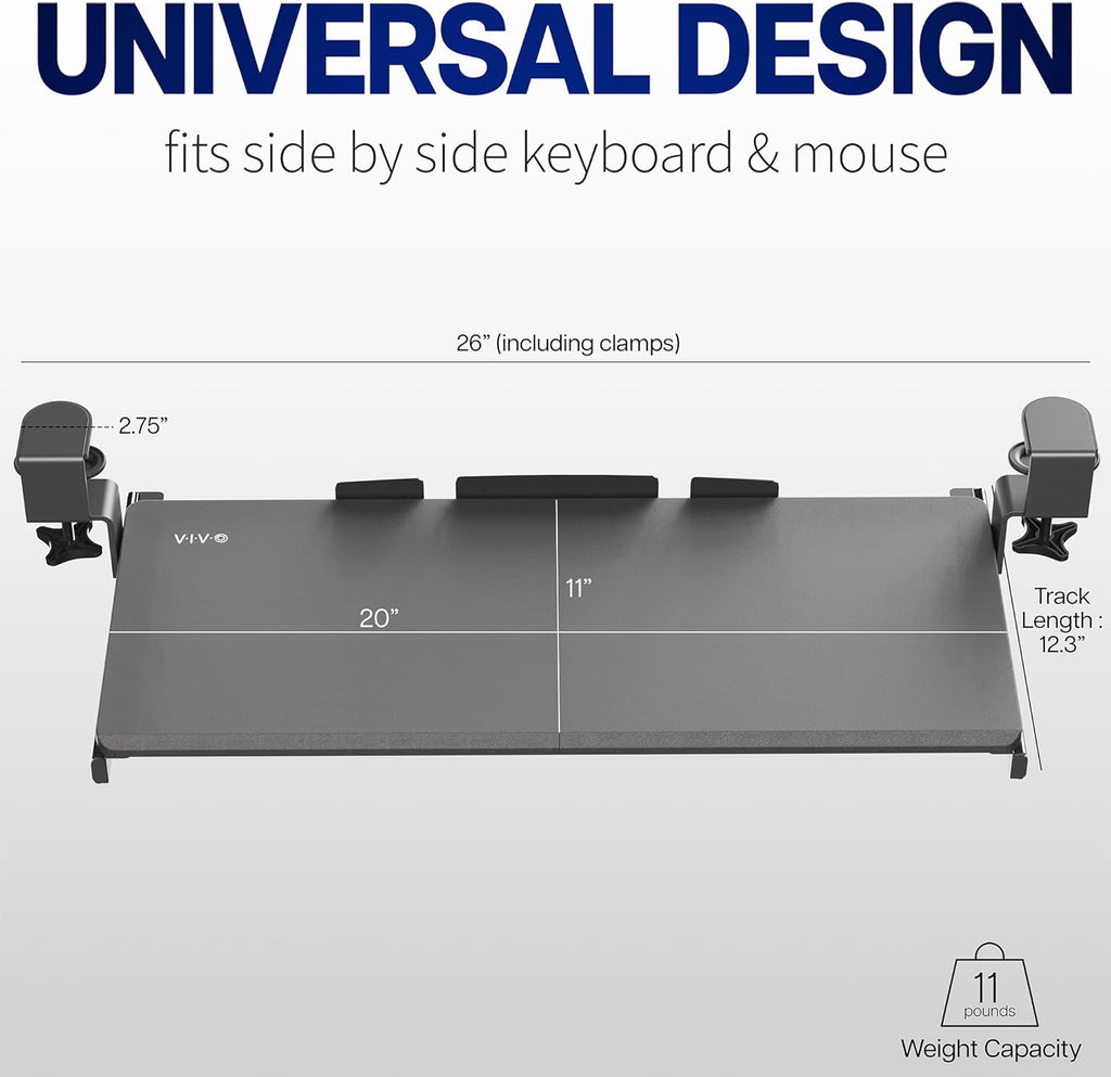 VIVO Small Keyboard Tray, Under Desk Pull Out with Extra Sturdy C Clamp Mount System, 20 (26 Including Clamps) x 11 inch Slide-Out Platform Drawer, Dark Walnut Top, Black Frame, MOUNT-KB05ES-D