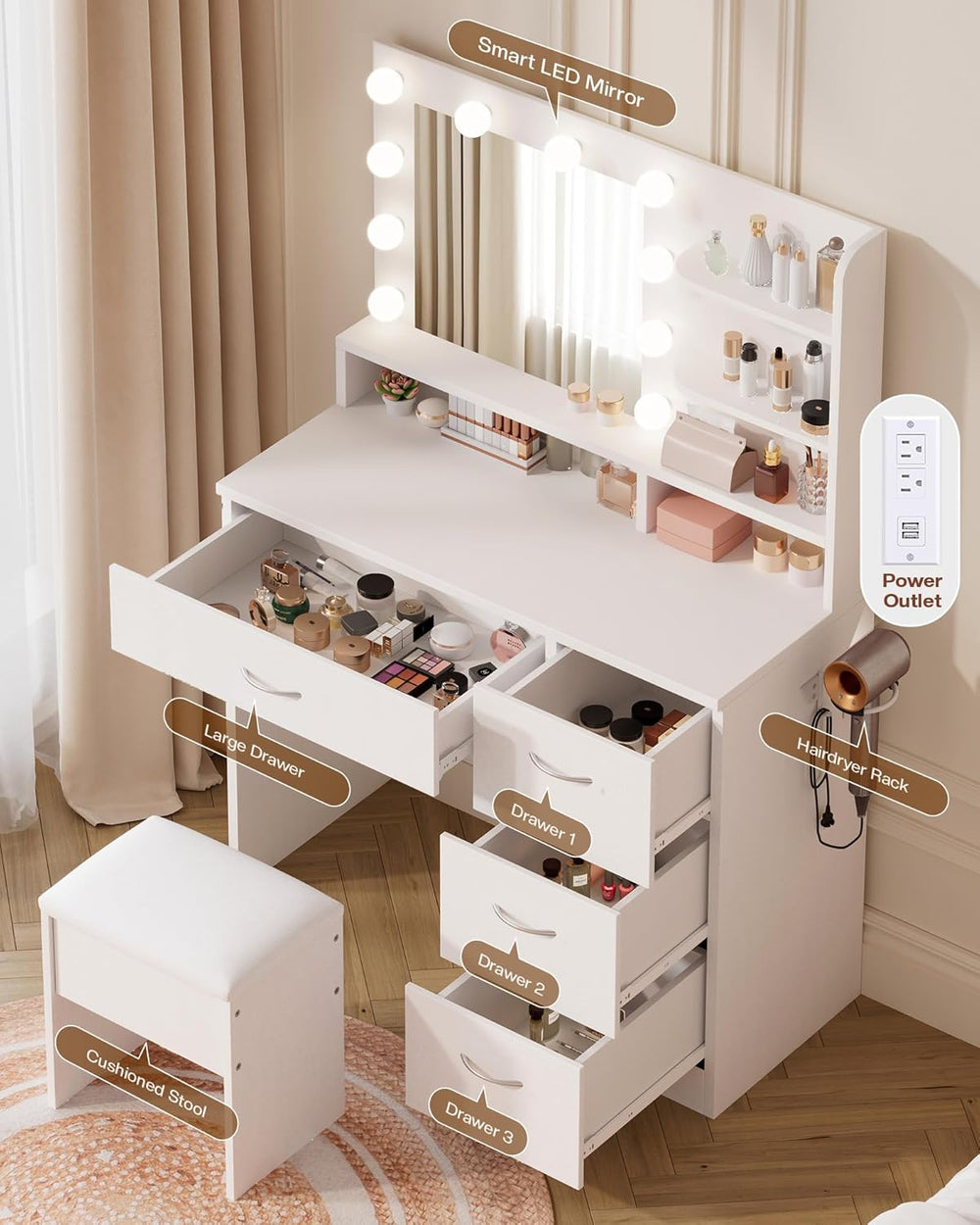LIVELYGLOW White Makeup Vanity Desk with Charging Station & 4 Drawers | 1...