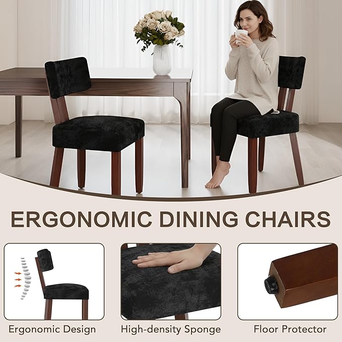 GOTMINSI Mid Century Modern Dining Chairs,Velvet Farmhouse Upholstered Kitchen Chairs, Accent Curved Backrest Dining Room Chairs with Hardwood Legs (Black, 2PCS-Walnut Legs)