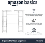 Amazon Basics Expandable Adjustable Metal Closet Organizer with Hanging Rod, Clothes Rack, Shelves, 57-80 x 14 x 72 inches (LxWxH), Chrome
