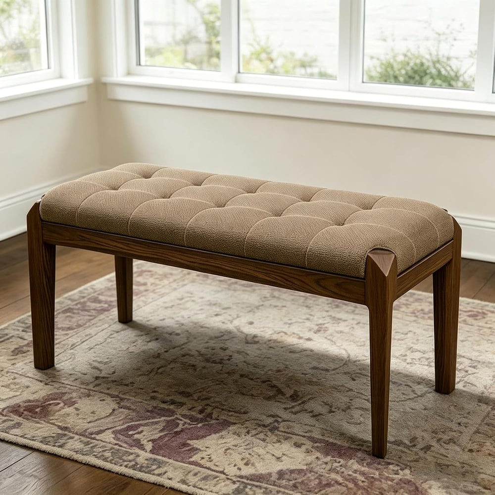 Lartis Solid Wood Dining Bench, Grid Quilted Button Tufted Cotton Linen Uphol...