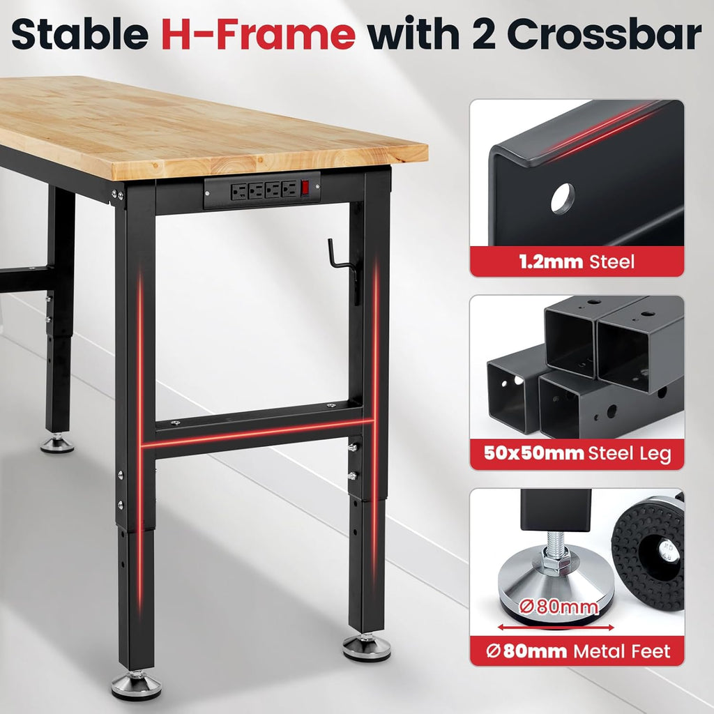 60 Inch Workbench for Garage Adjustable Height Work Bench with Pegboard Power Outlets Rubber Wood Tabletop Work Table for Cutting Wood Woodworking Shop Home Office Electronic