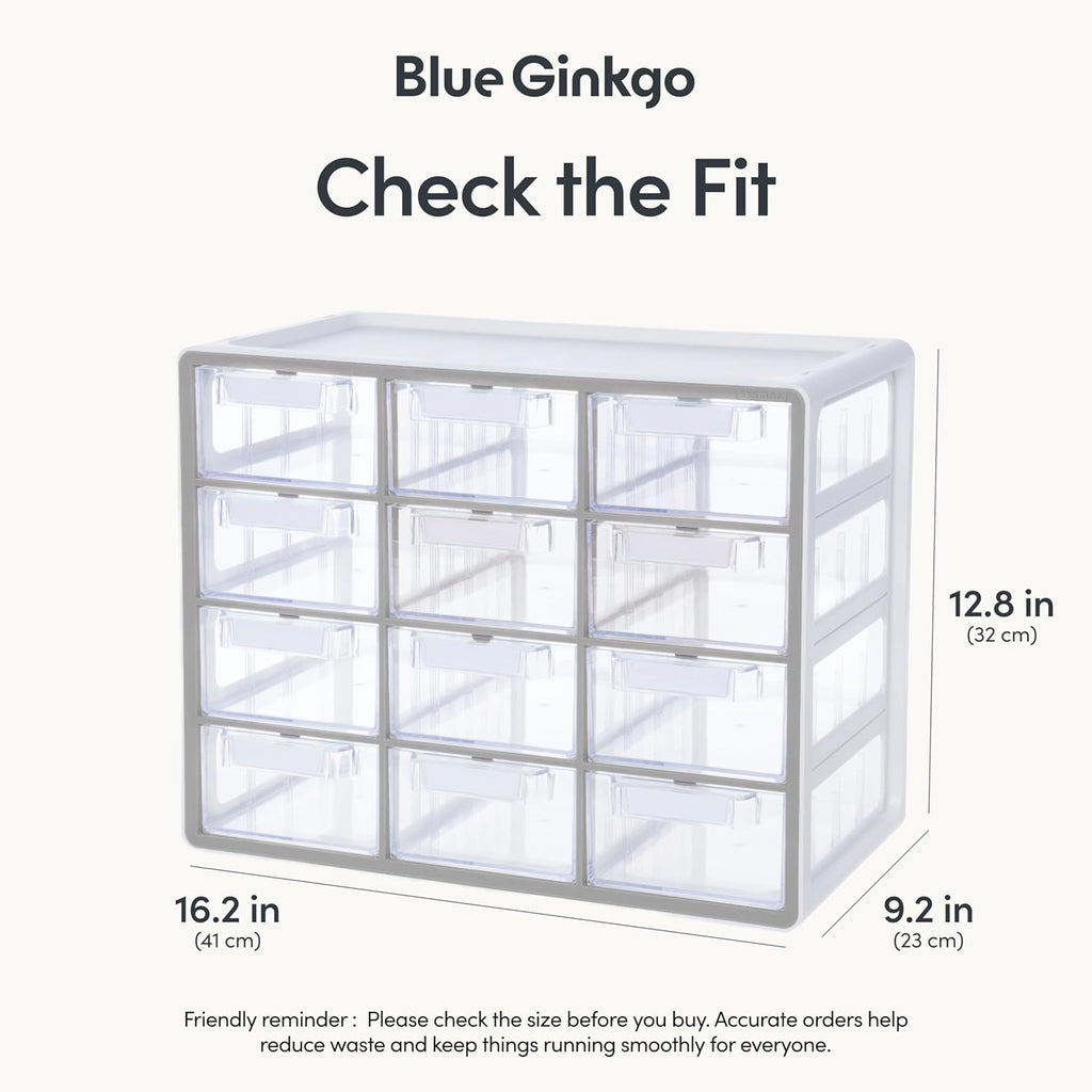 Blue Ginkgo Large 12-Drawer Cabinet – Stackable Clear Organizer for Hardware, Beads, Plastic Bricks, Office, and Craft Storage (Made in Korea, Gray)