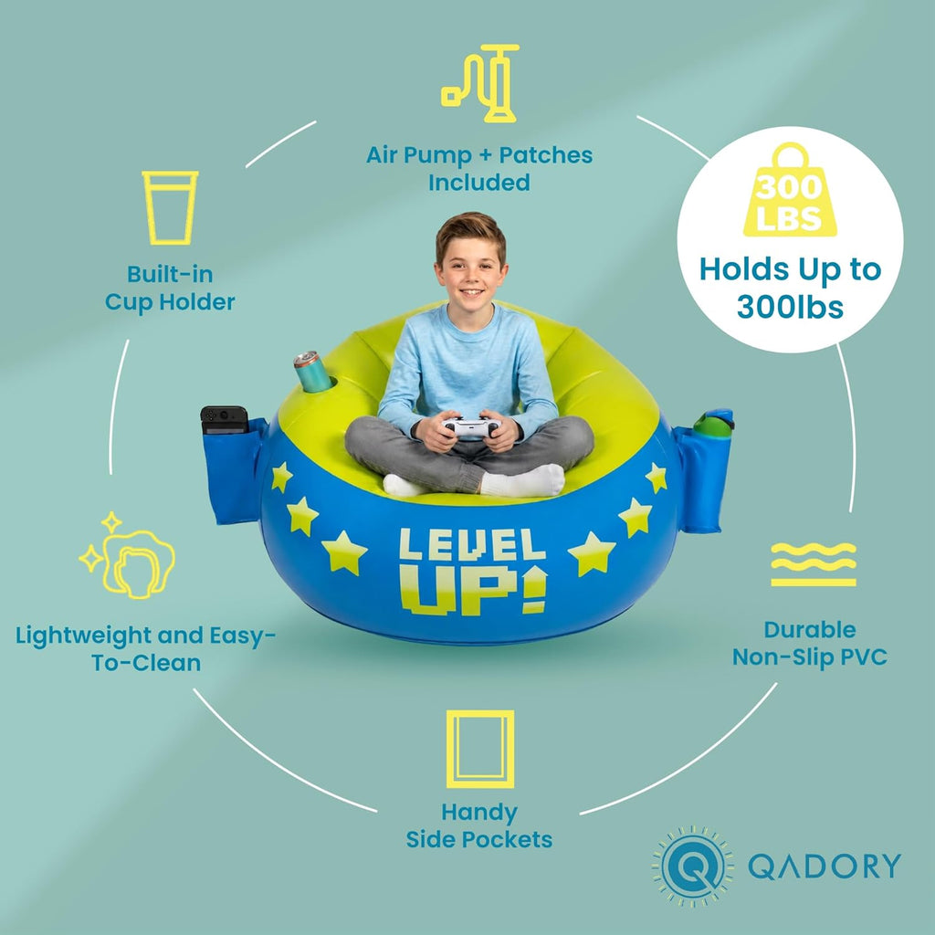 Inflatable Gaming Chair for Kids – Supports Up to 300 lbs, Includes Air Pump, Cup Holder, 2 Pockets – Durable Bean Bag Seat, Comfy Kids Gaming Chair & Top Gamer Chairs for Kid Room