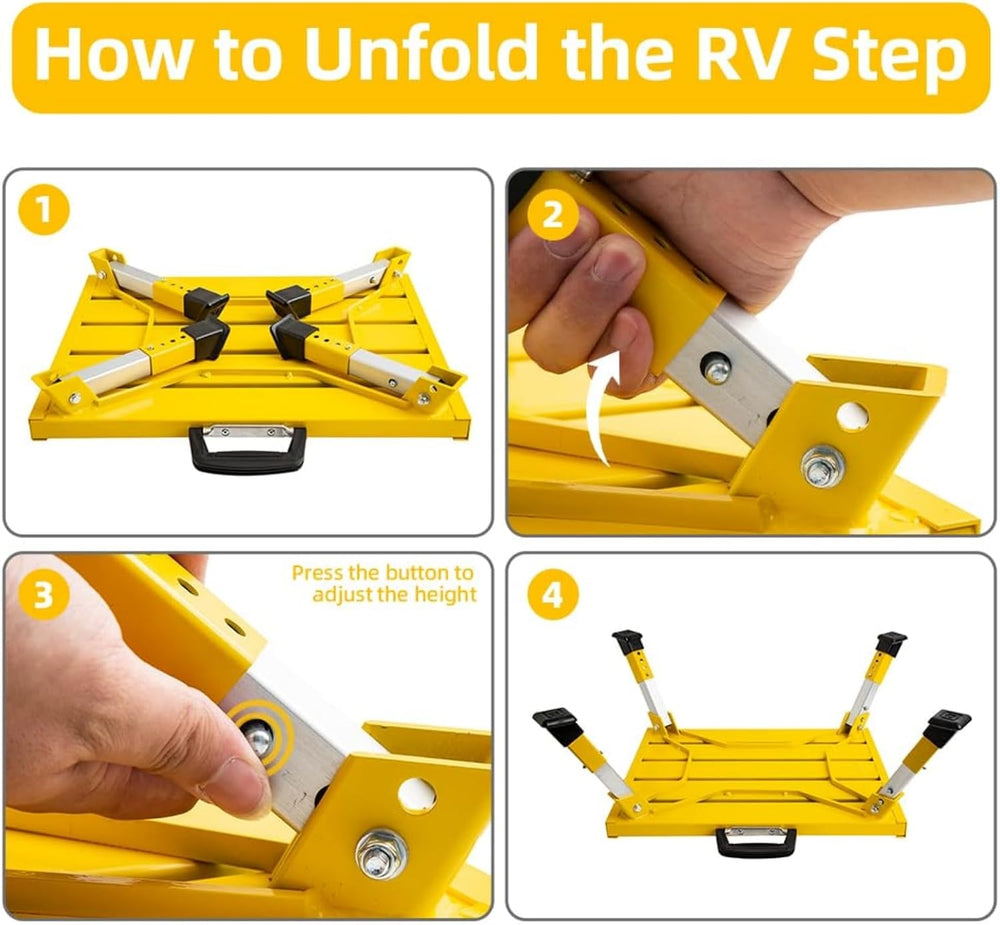 Large Adjustable Aluminum RV Step Stool, Folding Non-Slip Platform