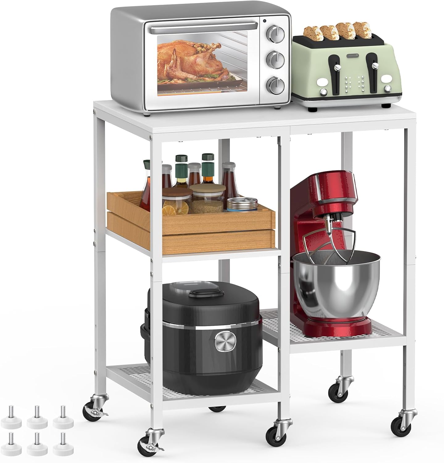 Kitchen Microwave Cart with Wheels,Coffee Bar Table Station,4-Tier Rolling Baker's Oven Rack,Small Appliance Storage Shelf,Utility Trolley Side Table for Kitchen,Office, Living Room (Snowy White)