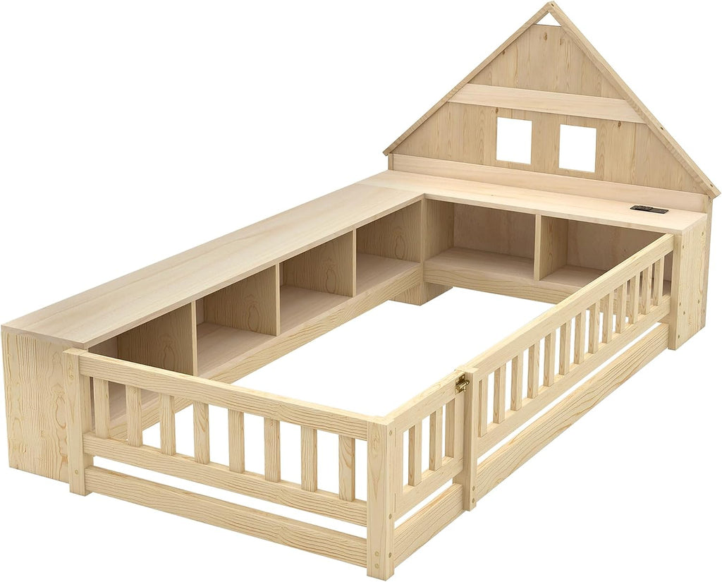Twin Size Wood Floor Bed with Guardrail, House-Shaped Headboard and Cabinet (Natural)