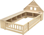 Twin Size Wood Floor Bed with Guardrail, House-Shaped Headboard and Cabinet (Natural)