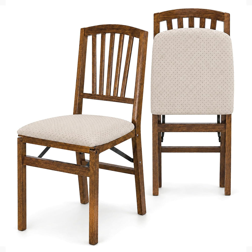 MECO Stakmore Slat Back Wooden Folding Chairs with Padded Seats, Set of 2 - N...