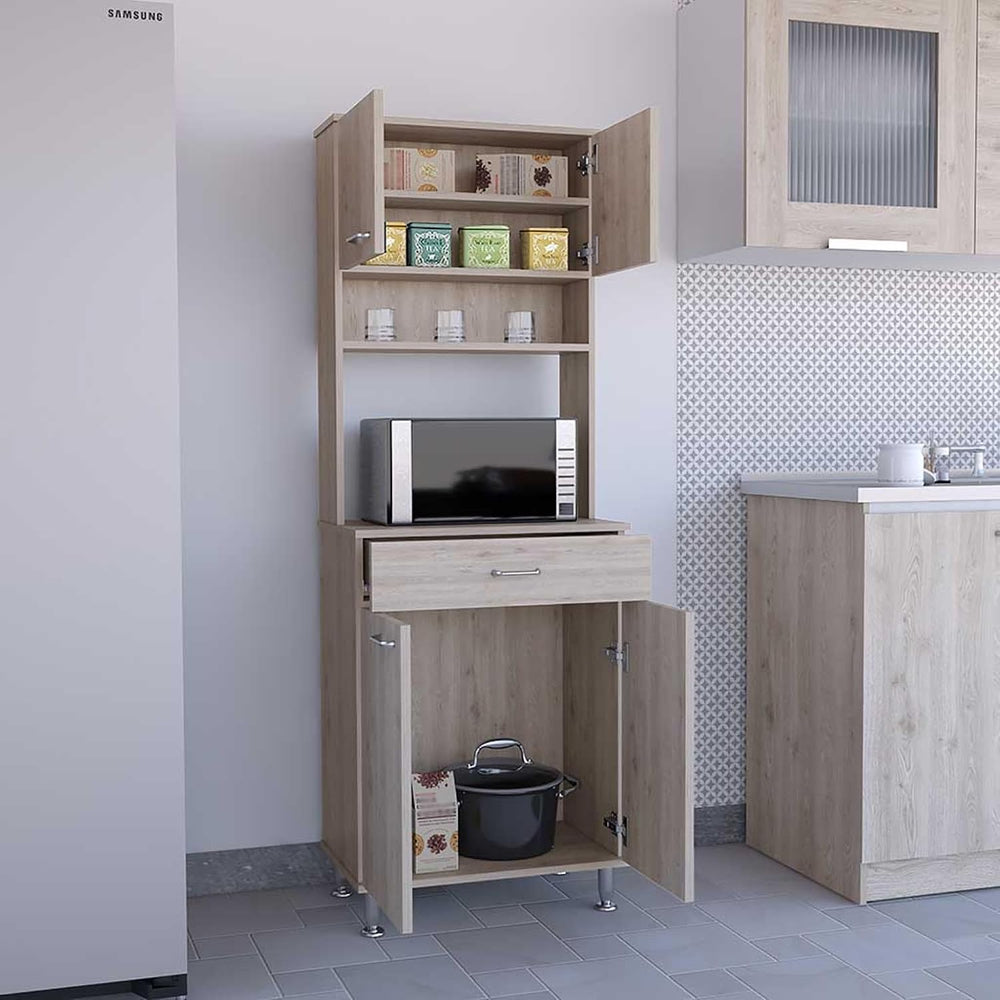 Della 60 Kitchen Pantry with Countertop, Closed & Open Storage -Light Gray