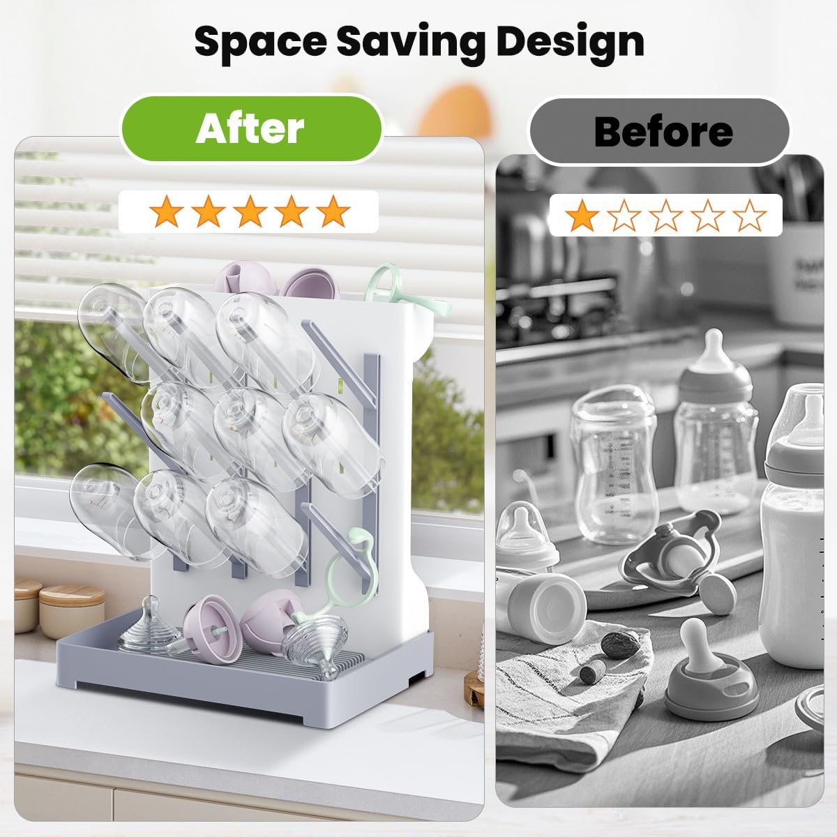 Baby Bottle Drying Rack: Vertical Space Saving Large Bottles Holder - Standing Boon Dryer Rack Baby Accessory - Countertop Holds Up to 12 Bottles & Pump Part Cleaning & Cup (Blue) (Gray)