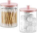 TIPGO Glass Qtip Holder Dispenser for Bathroom - 10 oz Clear Canister Apothecary Jar for Cotton Swabs, Balls, Pads, Floss Picks, Small Containers for Makeup Storage Organizer (2 Pack, Pink)