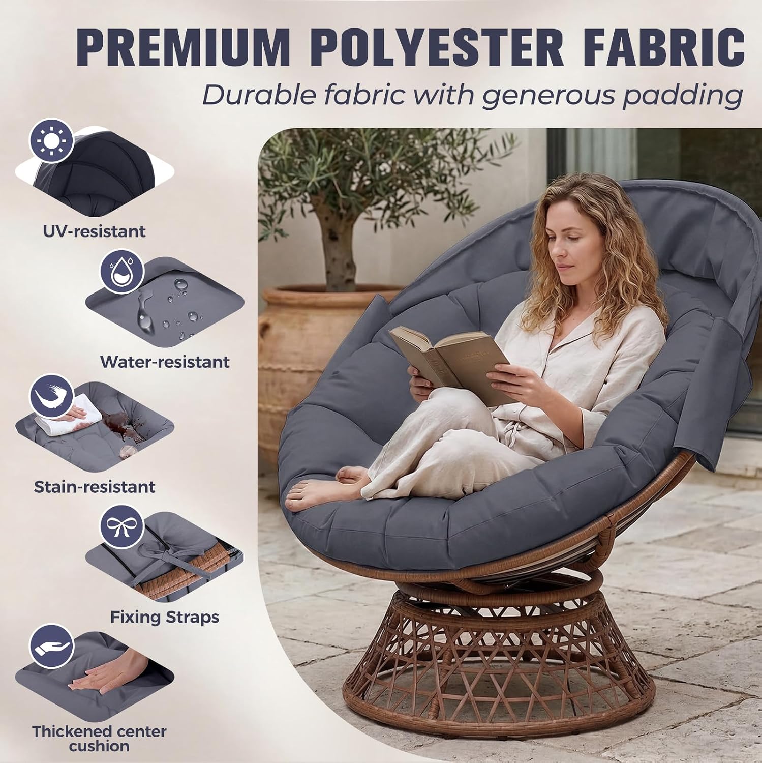 GTPLAYER Outdoor Wicker Egg Chair PE Rattan Chair with Cushion, Oversized Patio Lounge Chair with Canopy Papasan Chair 360° Swivel Base for Outdoor, Indoor, Balcony, Backyard, Garden, Gray