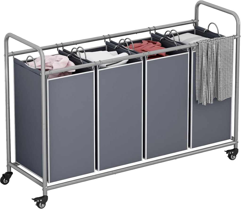 Laundry Sorter 4 Section Hamper Sorter with Heavy Duty Lockable Rolling Wheels Removable Bags Basket Separator for Dirty Clothes Storage, Grey