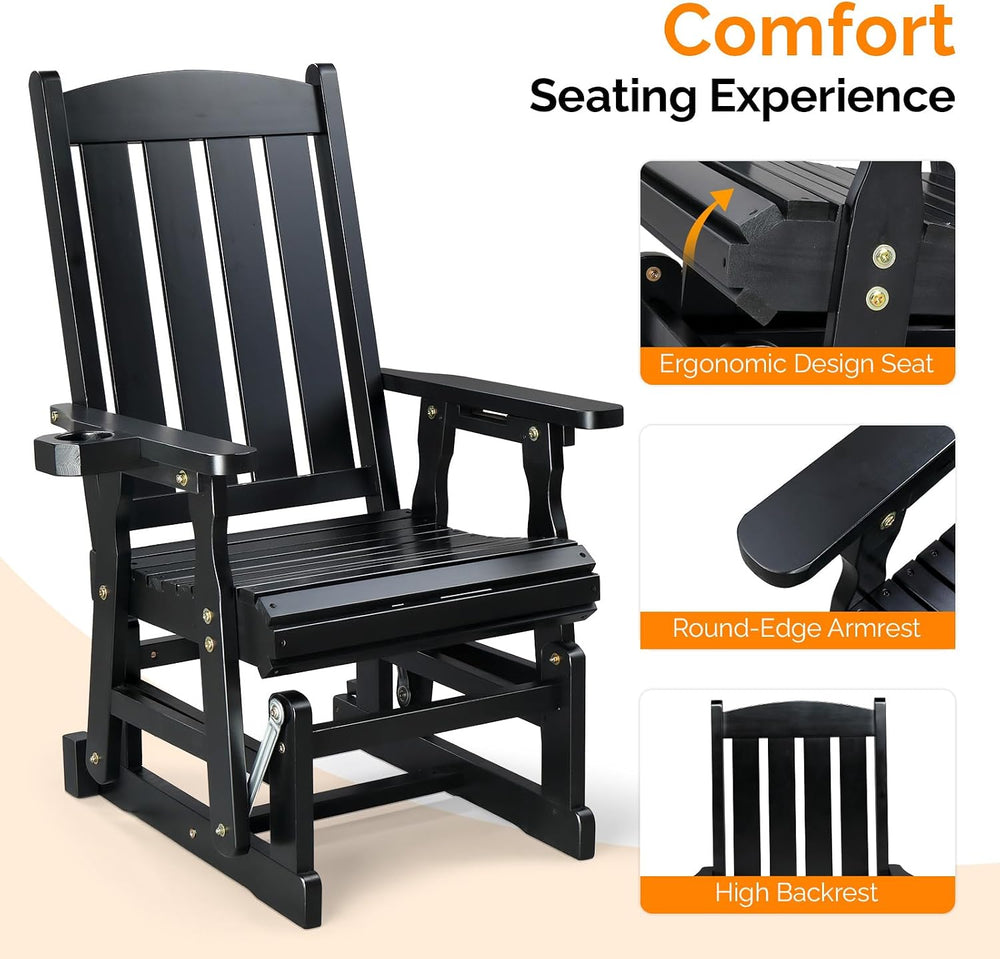 VINGLI Outdoor Glider Chair Wood Patio Glider with Cup Holder, Porch Glider w...