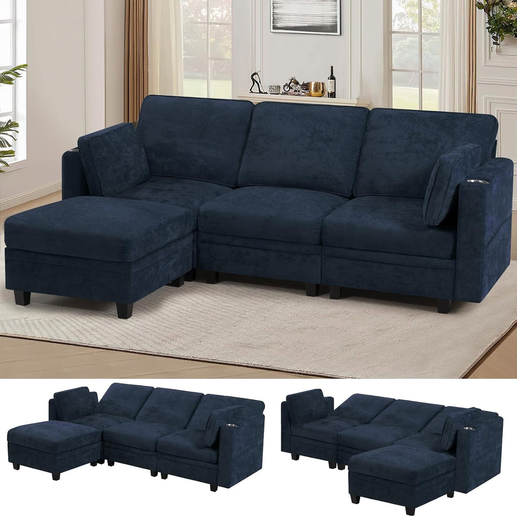 86" Chenille L-Shape Sofa w/& Adjustable Backrests, Blue | Upholstery 3-Seats Sofa w/Movable Storage Ottomans & Cup Holders, Modern Sectional Couch w/Charging Ports for Living Room