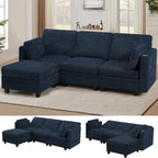 86" Chenille L-Shape Sofa w/& Adjustable Backrests, Blue | Upholstery 3-Seats Sofa w/Movable Storage Ottomans & Cup Holders, Modern Sectional Couch w/Charging Ports for Living Room