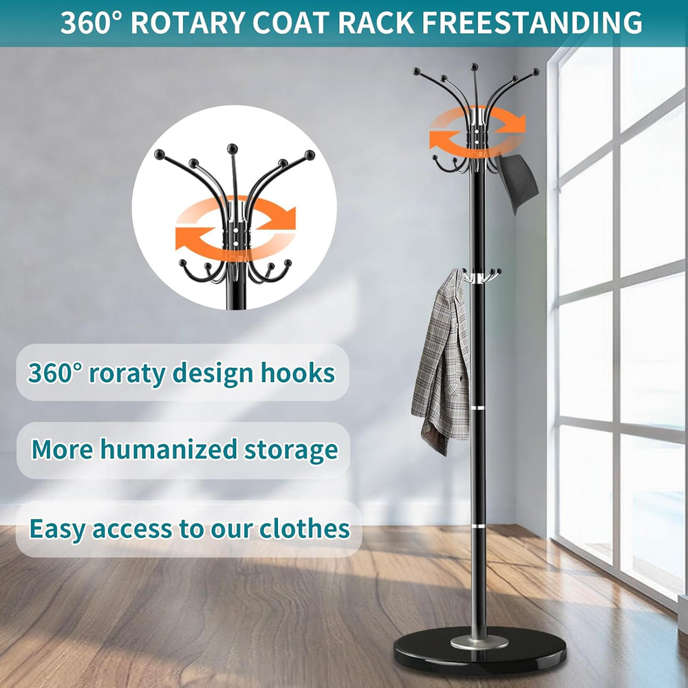 Coat Rack Freestanding with 360°Rotary 14 Hooks Marble Base