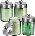 Amolliar Sage Green Qtip Holder, Glass Apothecary Jar Metal Lid & Sticker, Bathroom Qtip Dispenser Storage Canister, Perfect for Cotton Balls Swabs, Round Pads, Bath Salt, Floss, Brushed Nickel 4 Pack
