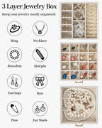 TORIBIO Jewelry Box for Women, Leather Jewelry Organizer with Mirror & Lock, 3-Tier Jewelry Storage Organizer with 2 Drawers for Girls/Women/Mothers, Necklace Earring Bracelets Holder Organizer