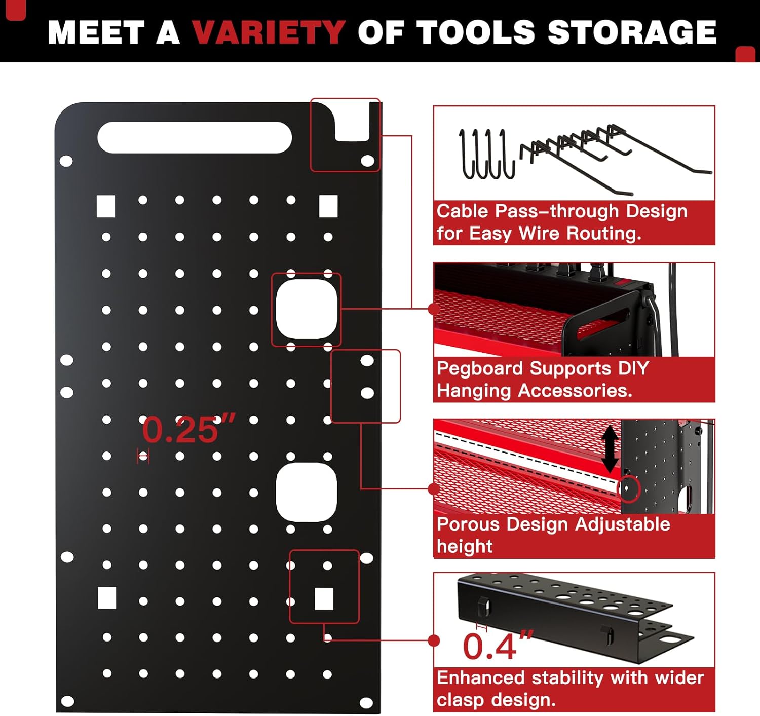 Power Tool Organizer Wall Mount with Charging Station,Cordless Tool Organizer 8 Drill Holder, 4 Layer Storage Rack for Garage Organization,Tool Holder with 8 Outlet Power Strip (Red)