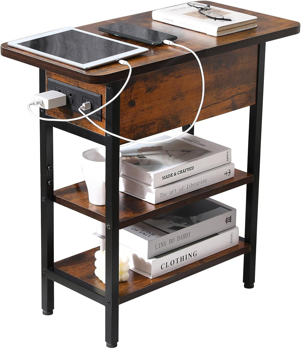 End Table with Charging Station, Narrow Side Table with USB Ports & Outle...