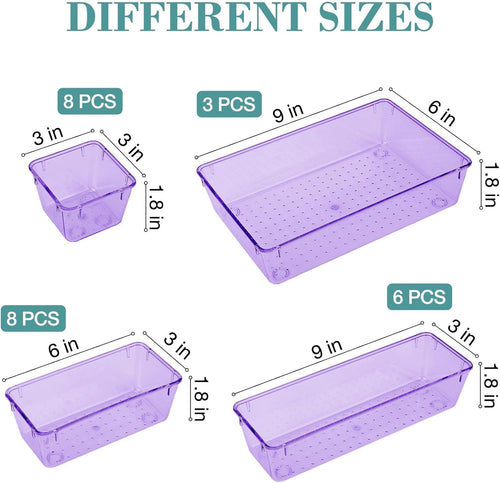 25 PCS Drawer Organizer Set, 4 Varied Size Bathroom and kitchen Drawer cabinet organizer Trays, Clear Storage Bins for Makeup, Jewelry, Utensils and Gadgets， Purple