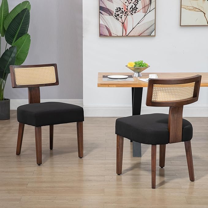 Upholstered Rattan Dining Chairs Set of 6, Mid-Century Modern Fabric Dining R...