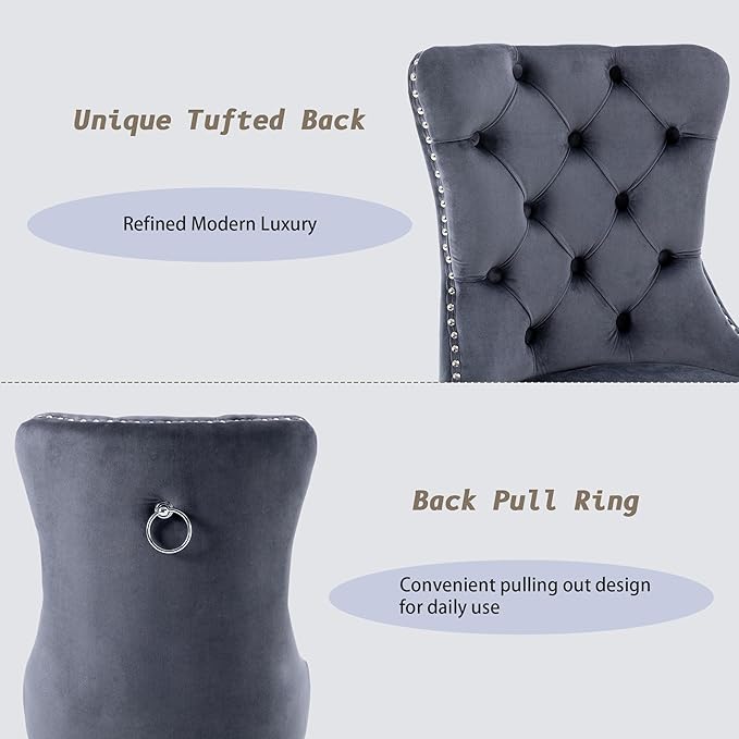 KCC Velvet Dining Chairs Set of 6, Upholstered High-end Tufted Dining Room Chair with Nailhead Back Ring Pull Trim Stainless Steel Legs, Contemporary Nikki Collection Modern Style for Kitchen, Gray