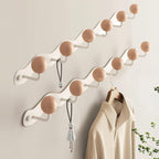 Coat Rack Wall Mount,White Wall Hooks Adhesive & Screw in,Anti-Tear Wooden Ball Hook Rail, Heavy Duty Metal Coat Hanger Wall Mount for Entryway, Bathroom, Bedroom, Kitchen 2PACK(6-tri Hooks)
