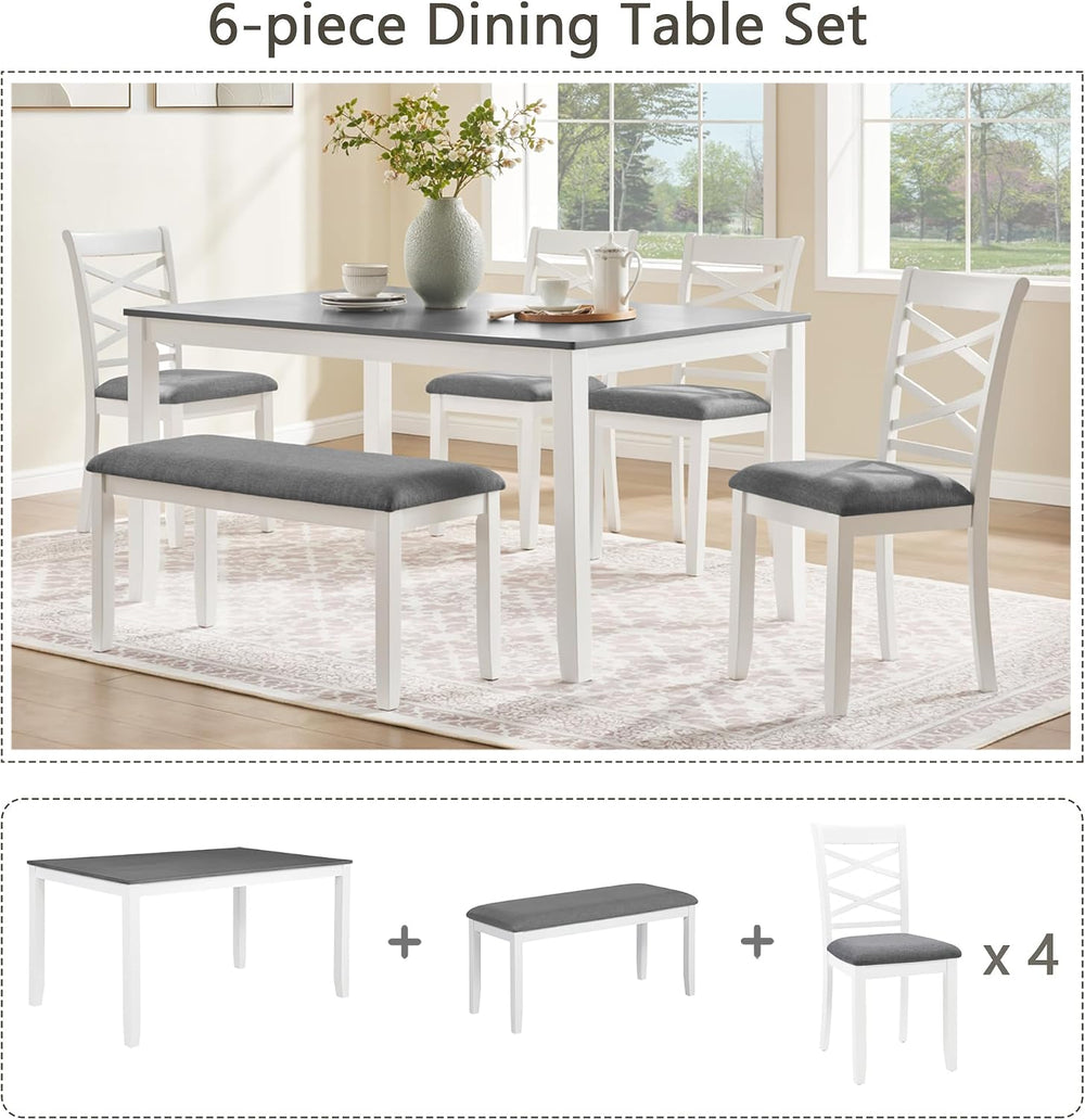 Merax 6-Piece Modern Dining Table Set with Chairs and Bench, Wood Kitchen Tab...