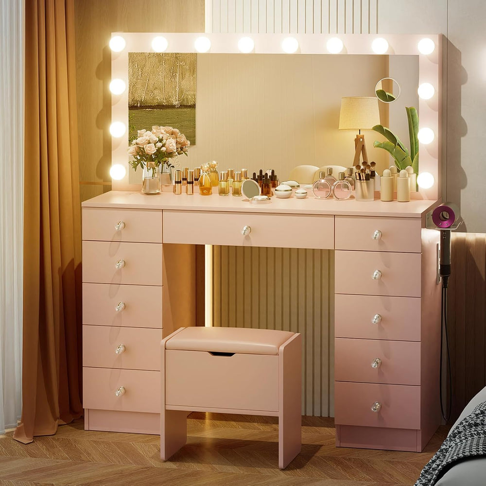 VOWNER Vanity with Lighted Mirror - 46" Makeup Vanity Desk with 11 Drawe...