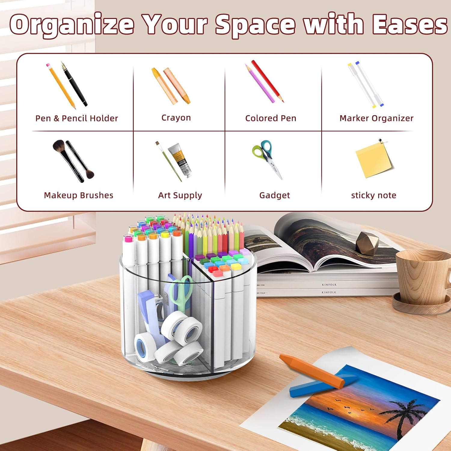 Absonic Pencil Holder for Kids, 360 Rotating Pen Holder for Desk Organizer and Storage, 4 Compartments Art Supply Marker Organizer, Pen Organizer Pencil Holder
