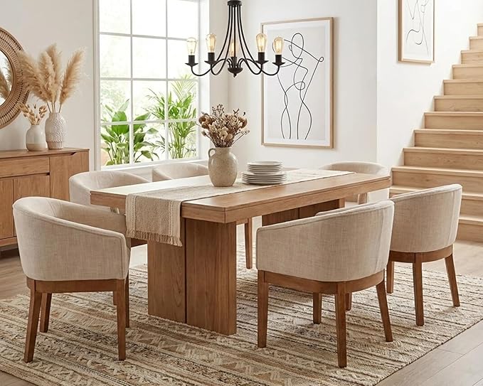 Wahson Mid Century Barrel Dining Chairs Set of 6, Beige Dining Room Chairs with Arms, Linen Upholstered Kitchen Chairs with Natural Wood Legs, for Bedroom/Living
