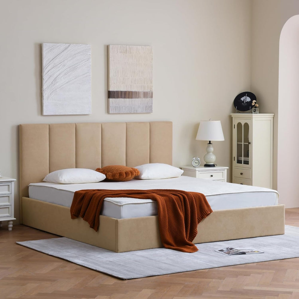VELOCAVA King Size Upholstered Lift-Up Storage Bed, Beige Linen-Look Fabric B...