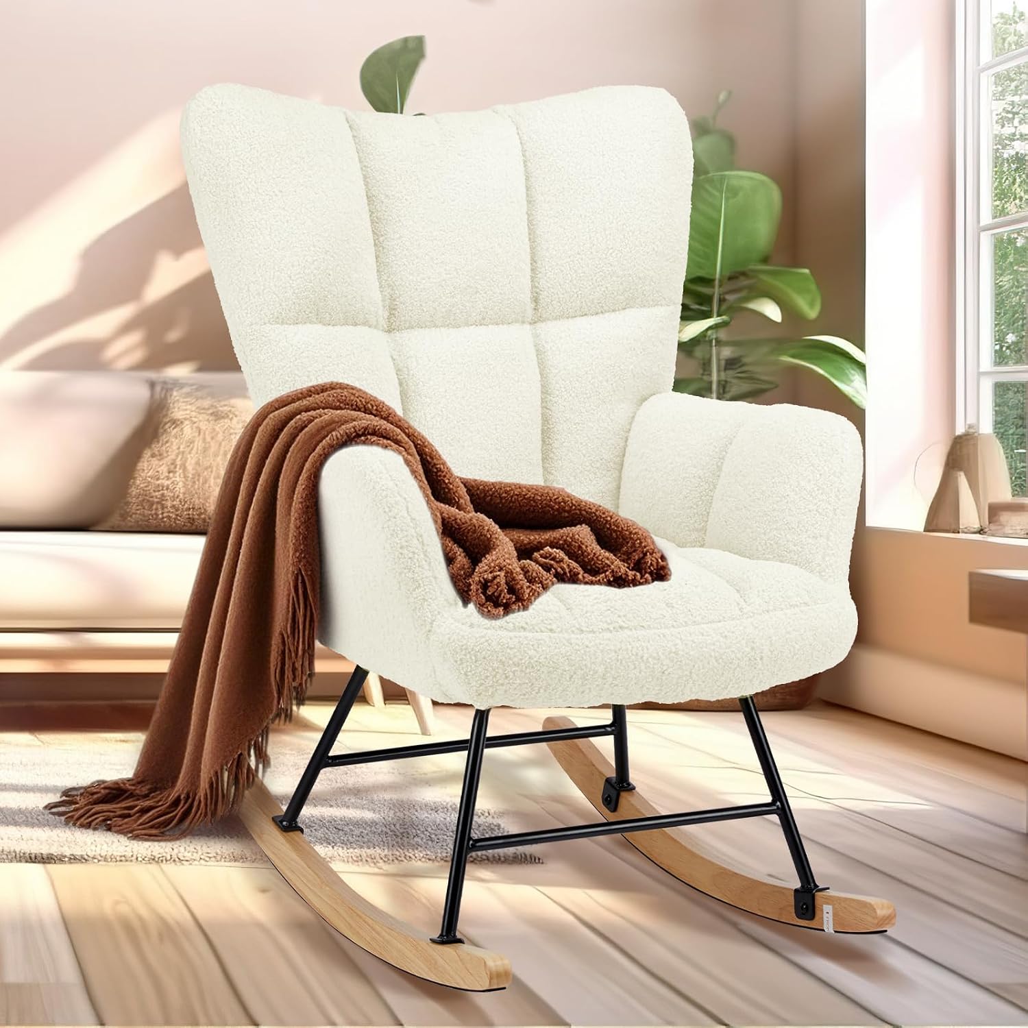 Simple Deluxe Nursery Rocking Chair, Teddy Upholstered Glider Rocker with High Backrest, Comfy Accent Armchair for Nursing & Reading, Standard Size, White