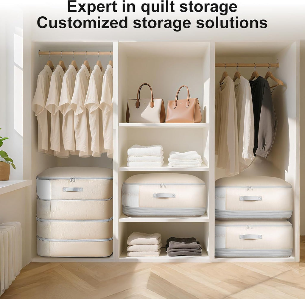Comforter Storage Bag - 130L Large Capacity Blanket Storage Bags 4-Layer Ultra Space Saving Self Compression Organizer, Washable Compression Bags for Storage Comforter Blanket, 4-Pack, Beige