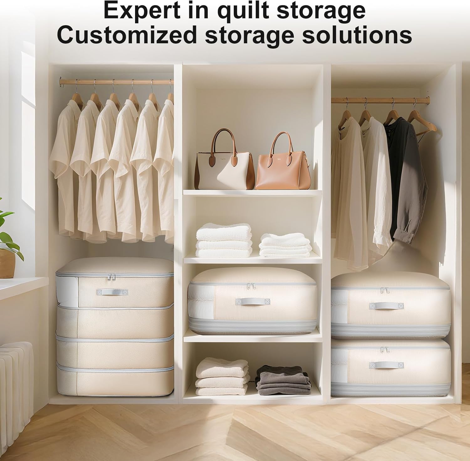 Comforter Storage Bag - 130L Large Capacity Blanket Storage Bags 4-Layer Ultra Space Saving Self Compression Organizer, Washable Compression Bags for Storage Comforter Blanket, 4-Pack, Beige