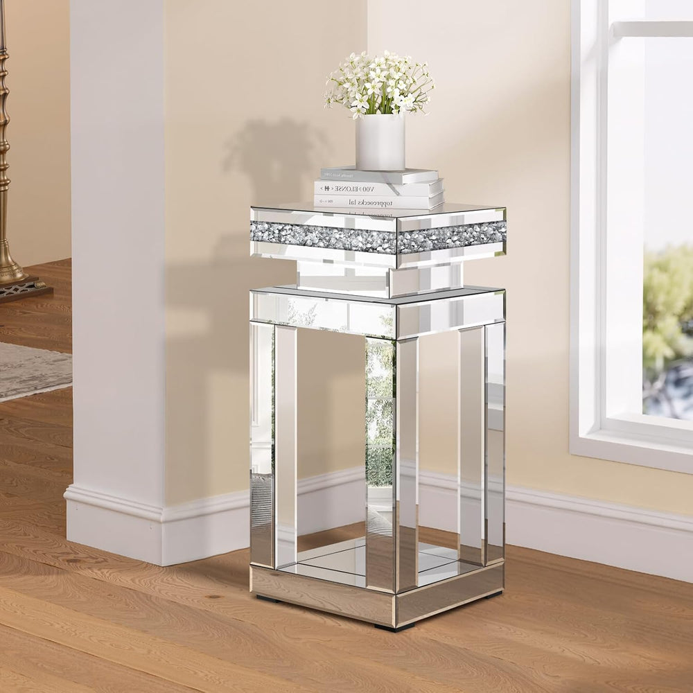 Silver Mirrored End Table, Modern Crushed Diamond Accent Tables, Small Side C...