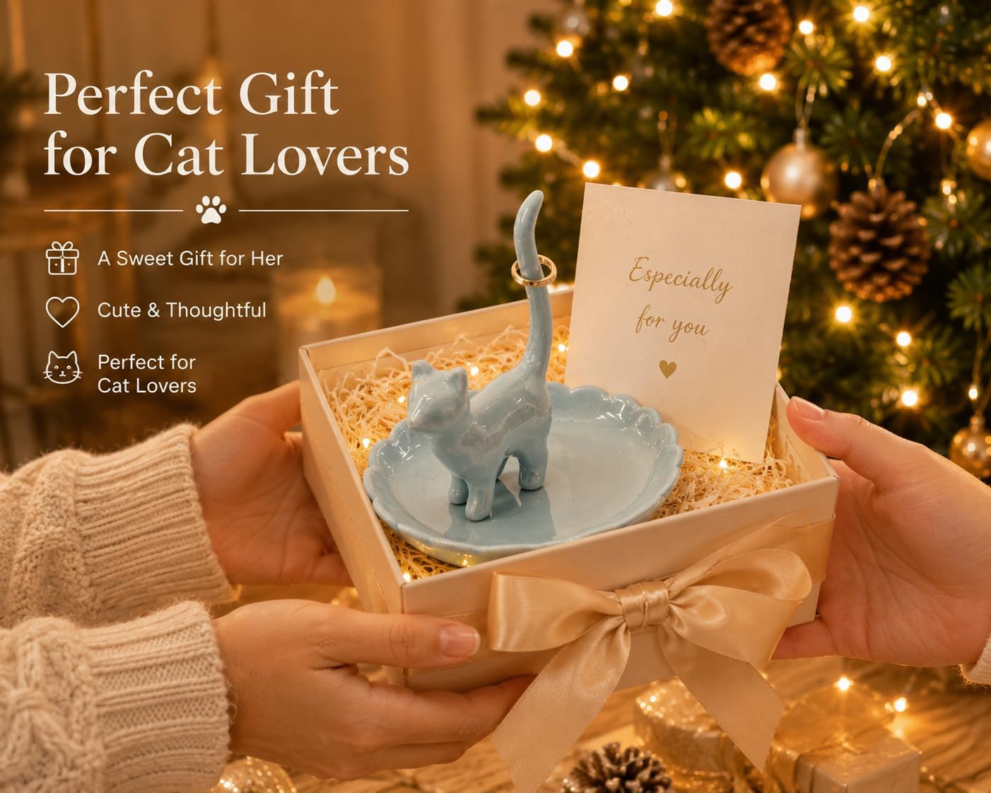 Cat Ring Holder Jewelry Dish–Ceramic Trinket Tray for Rings,Earrings,Necklaces & Bracelets,Cute Cat Jewelry Organizer for Vanity,Nightstand,Dresser,Birthday Gift for Women,Girls Cat Lovers
