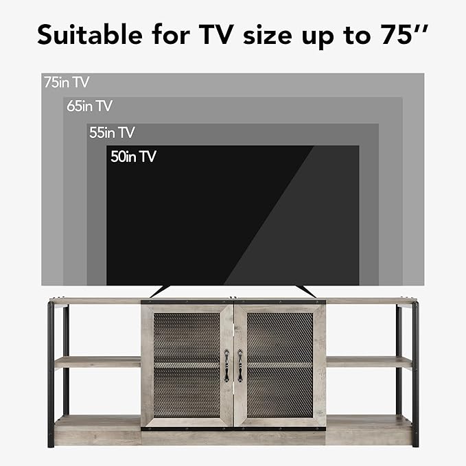 IDEALHOUSE Farmhouse TV Stand for 65/75 Inch TVs, Entertainment Center with Storage Cabinet, Industrial Media Console Table, Furniture for Living Room, Grey