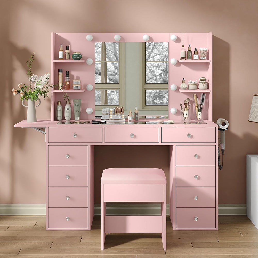 FUSOU Vanity Desk with Power Outlet, 11 Drawers Makeup Vanity with Lighted Mi...